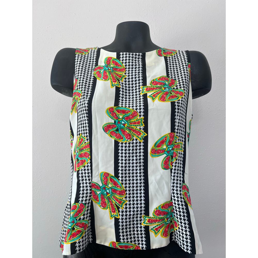 VTG Handmade Sleeveless Top Sz S Classic Print Button Up Embellished Buttons